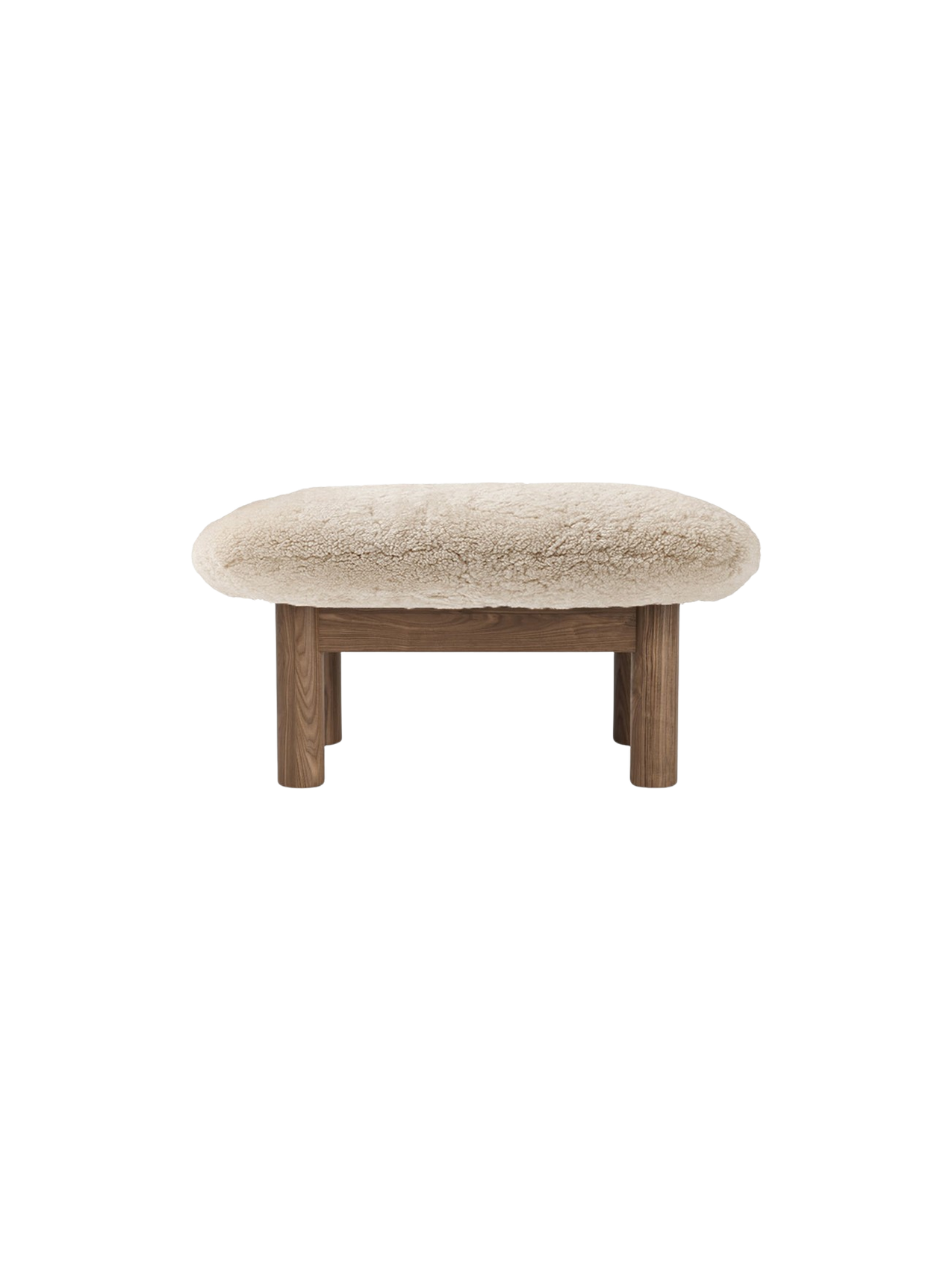 Ottoman in Sheepskin Cylindrical Legs, Versatile Use, 3 Wood Options