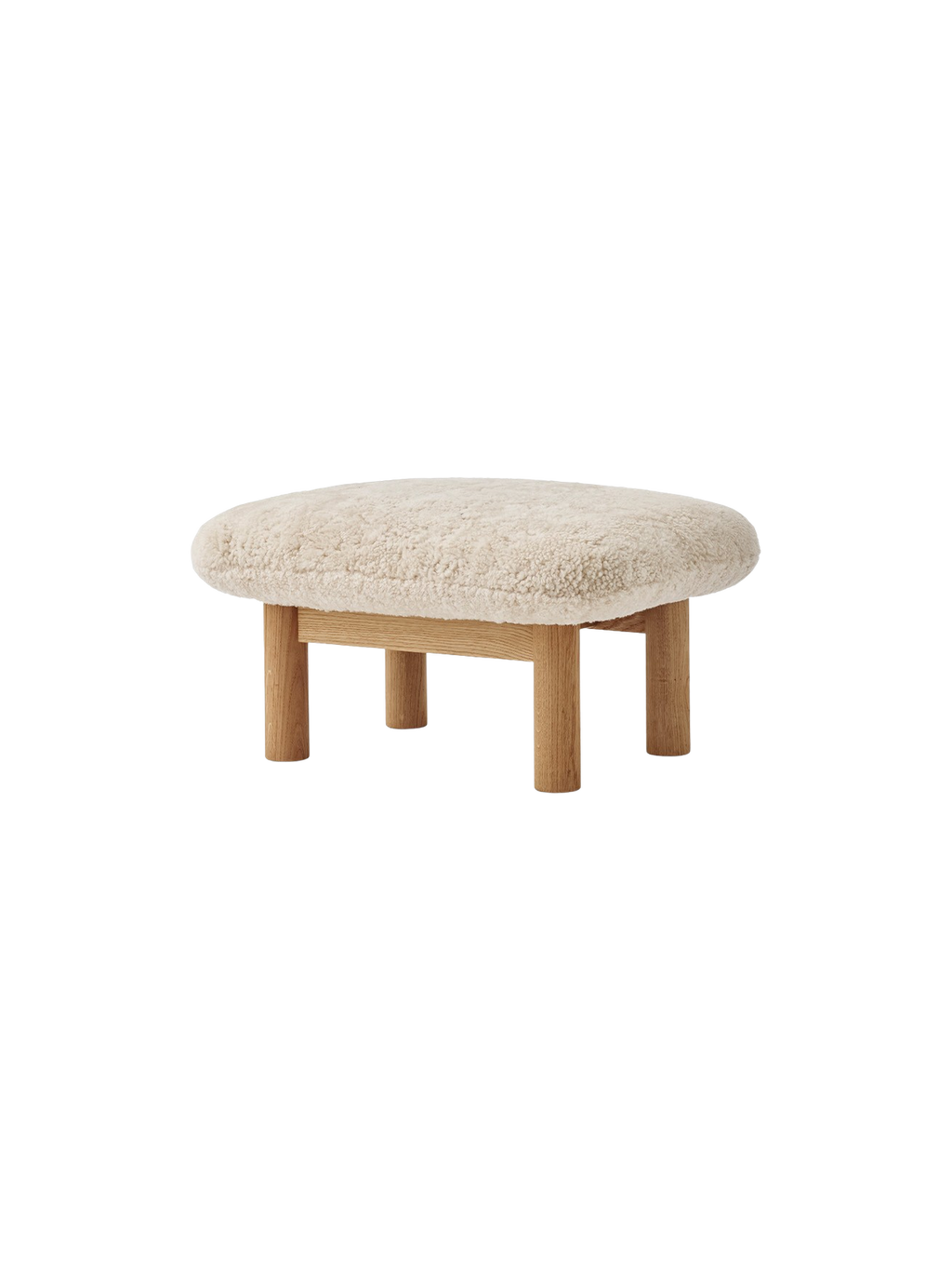 Ottoman in Sheepskin Cylindrical Legs, Versatile Use, 3 Wood Options
