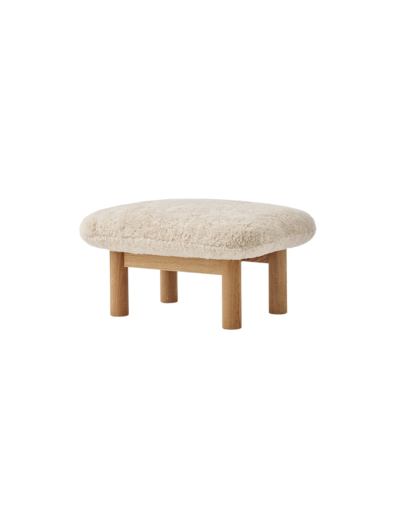 Ottoman in Sheepskin Cylindrical Legs, Versatile Use, 3 Wood Options
