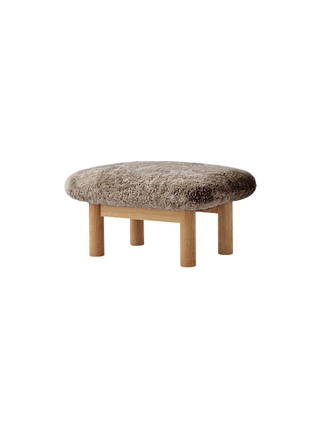 Ottoman in Sheepskin Cylindrical Legs, Versatile Use, 3 Wood Options