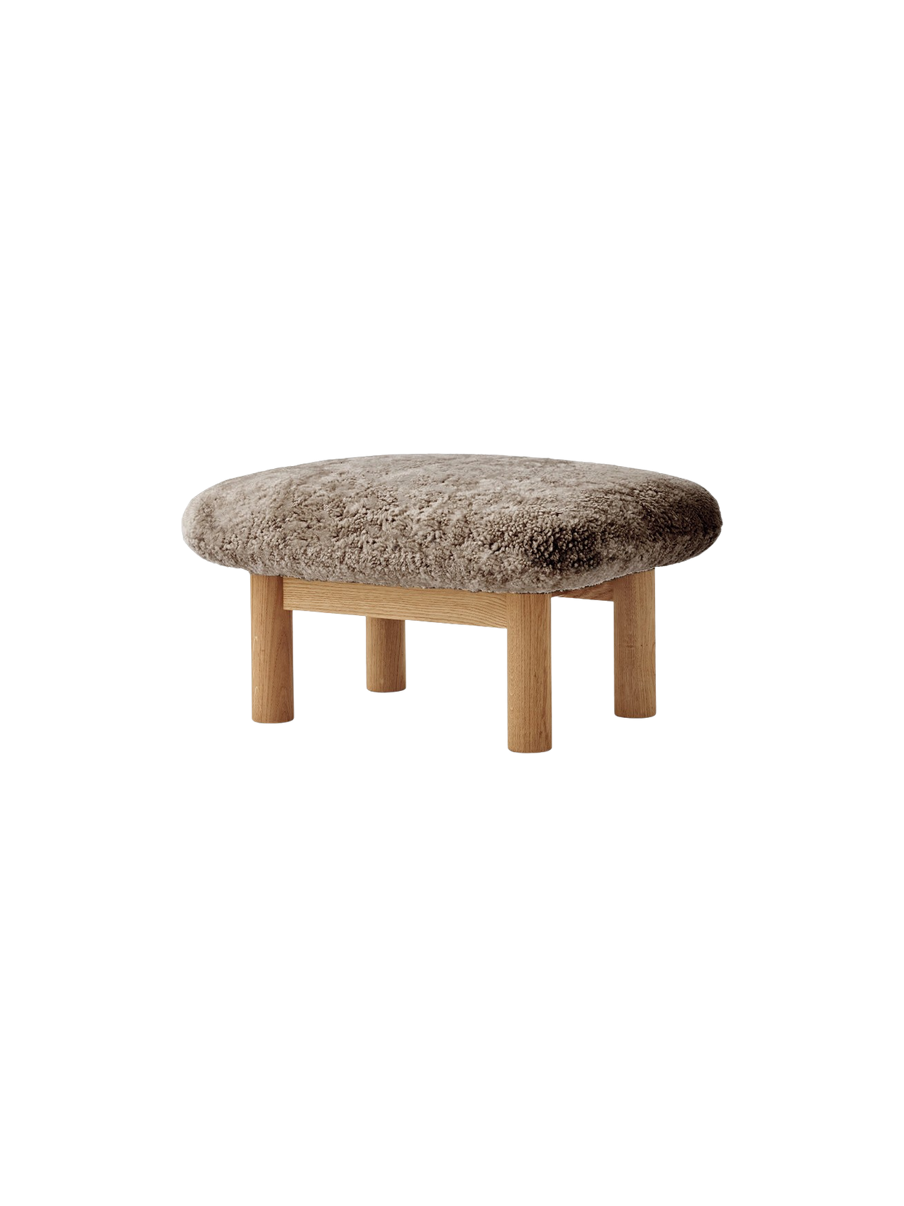 Ottoman in Sheepskin Cylindrical Legs, Versatile Use, 3 Wood Options