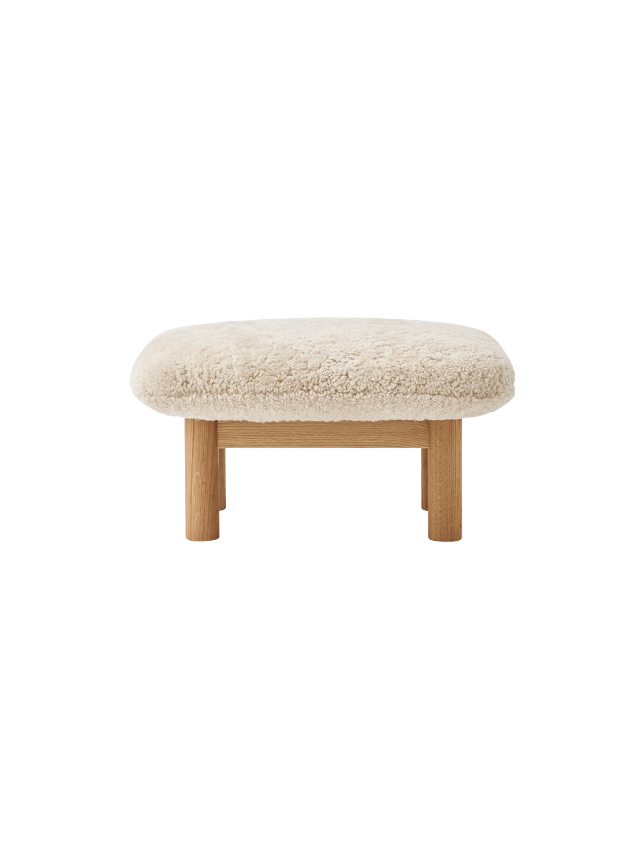 Ottoman in Sheepskin Cylindrical Legs, Versatile Use, 3 Wood Options
