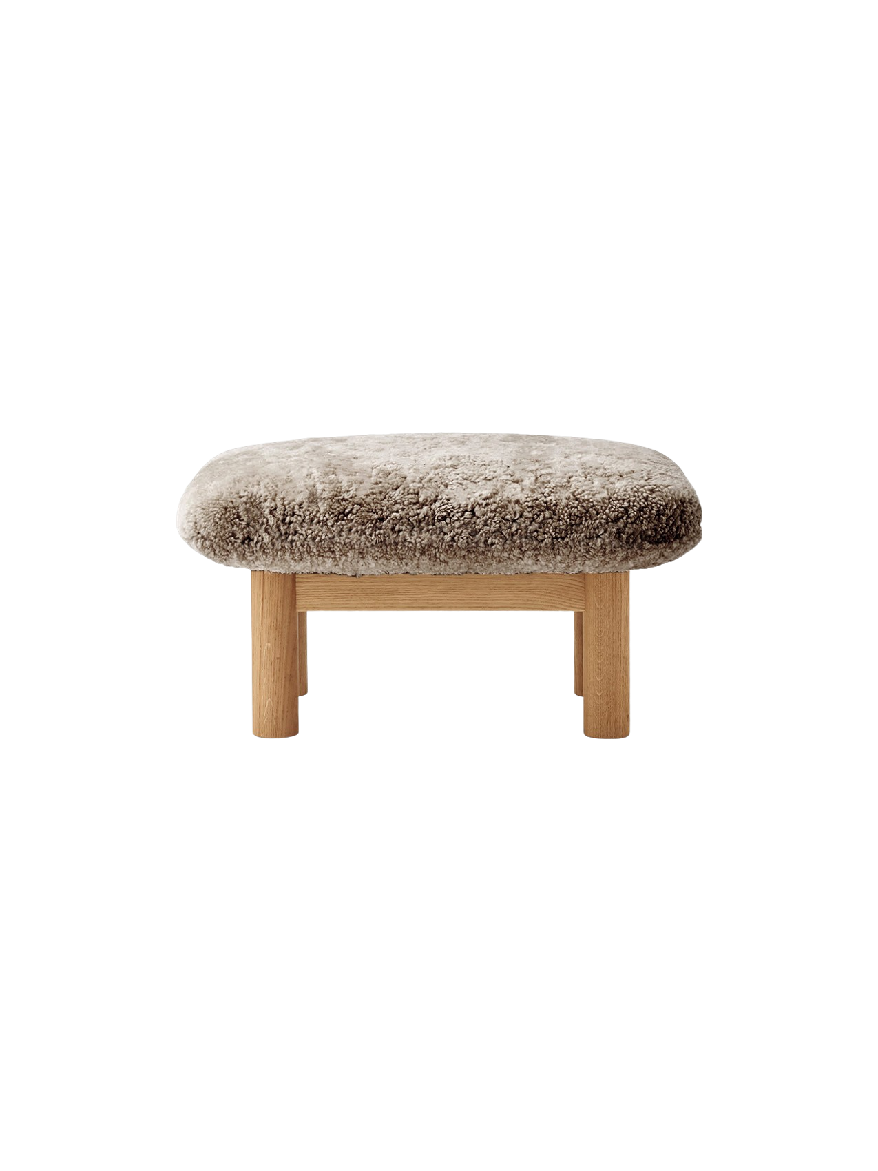 Ottoman in Sheepskin Cylindrical Legs, Versatile Use, 3 Wood Options
