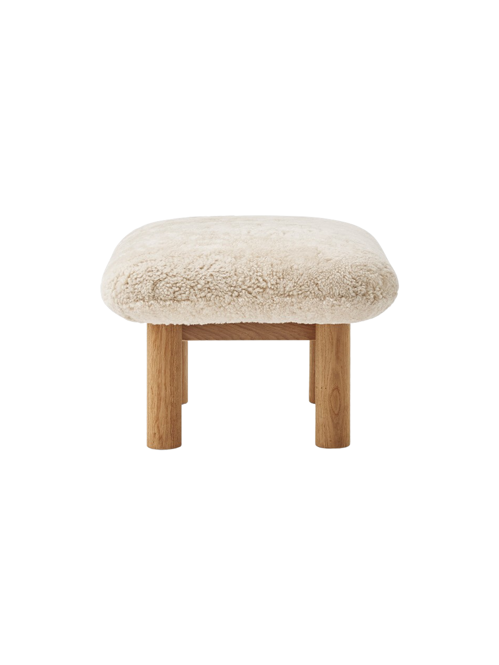 Ottoman in Sheepskin Cylindrical Legs, Versatile Use, 3 Wood Options