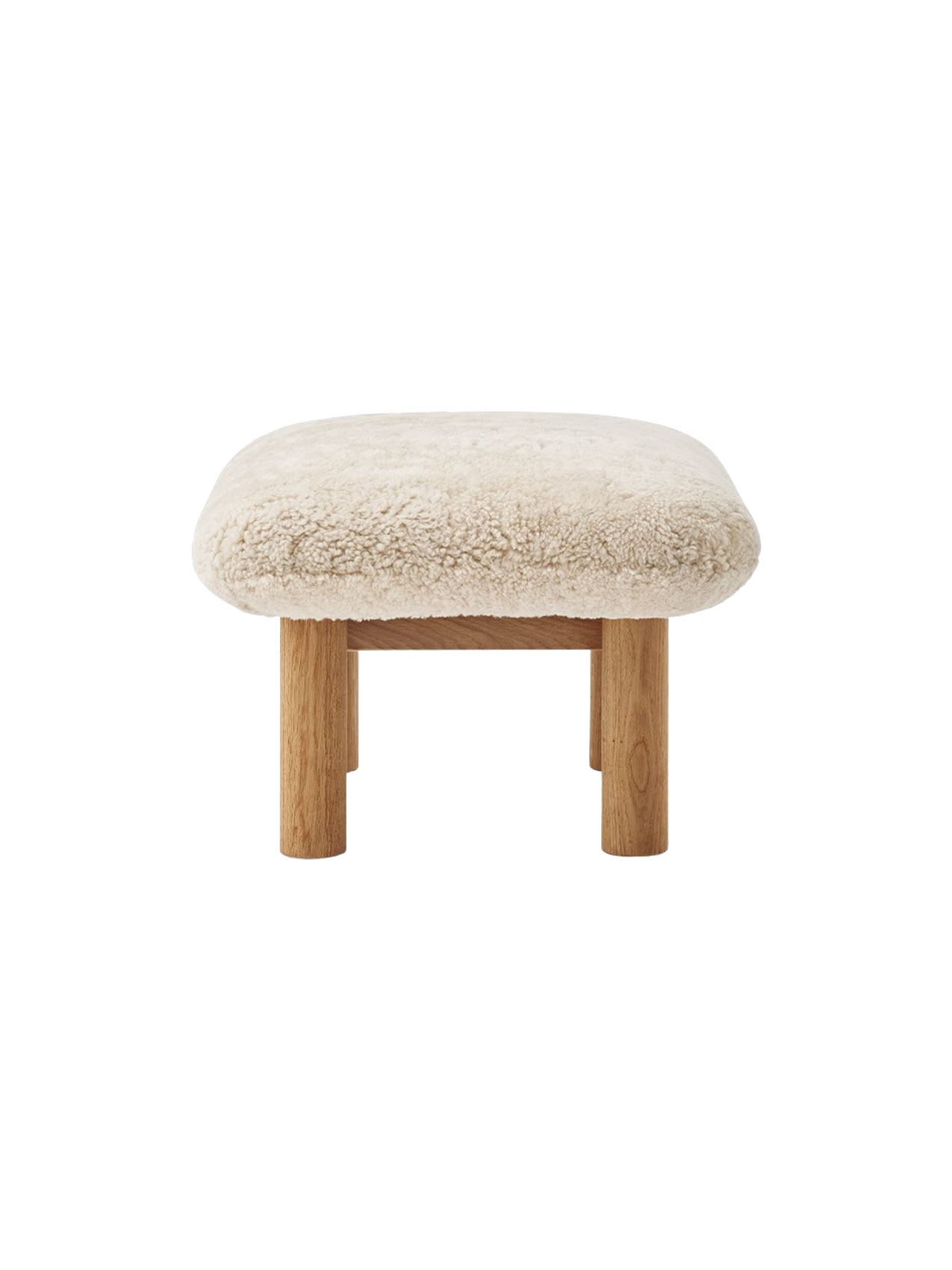 Ottoman in Sheepskin Cylindrical Legs, Versatile Use, 3 Wood Options