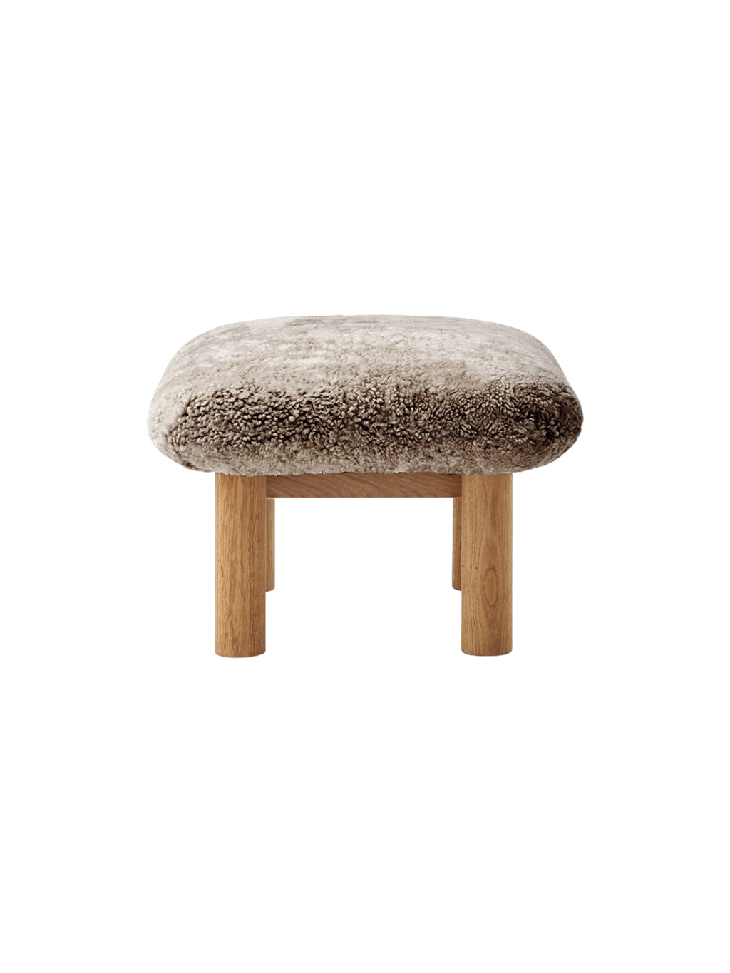 Ottoman in Sheepskin Cylindrical Legs, Versatile Use, 3 Wood Options