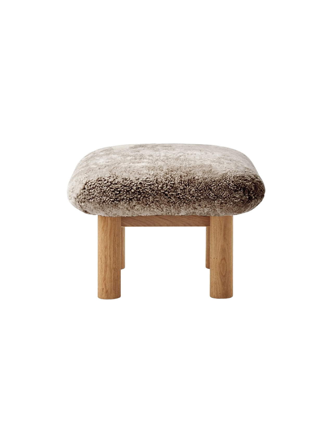 Ottoman in Sheepskin Cylindrical Legs, Versatile Use, 3 Wood Options