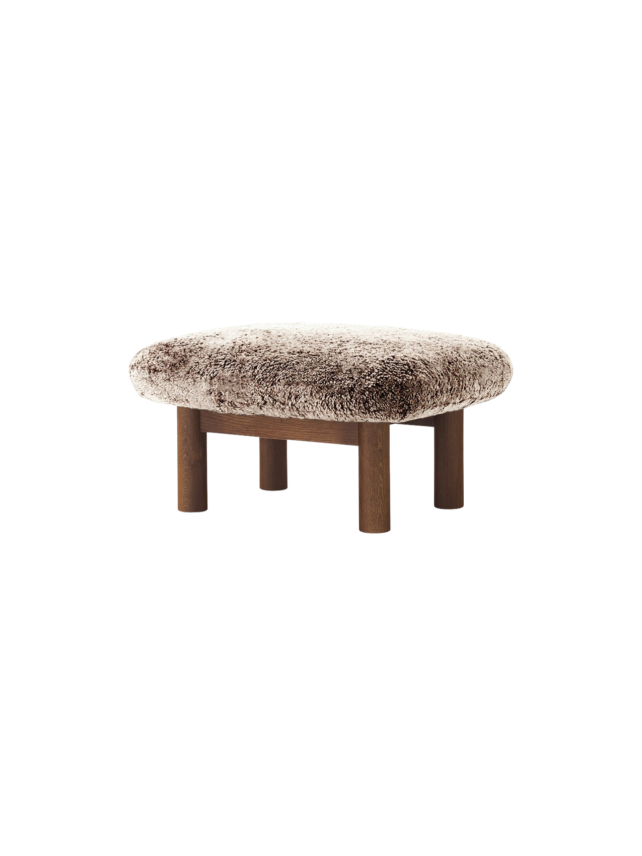 Ottoman in Sheepskin Cylindrical Legs, Versatile Use, 3 Wood Options