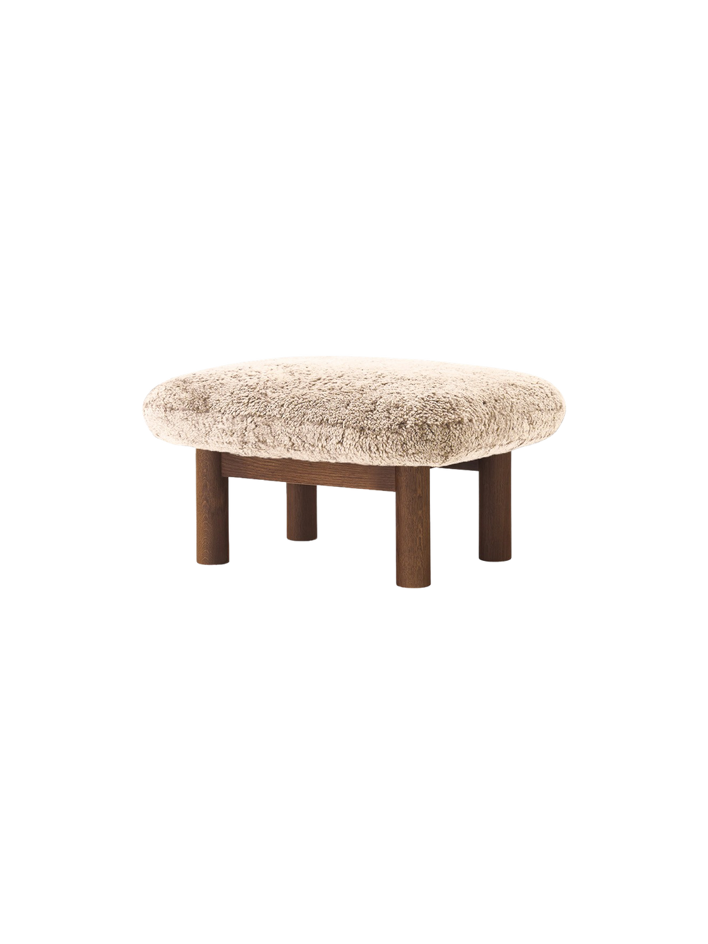 Ottoman in Sheepskin Cylindrical Legs, Versatile Use, 3 Wood Options