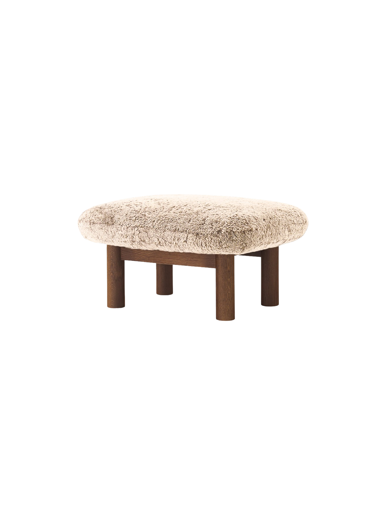 Ottoman in Sheepskin Cylindrical Legs, Versatile Use, 3 Wood Options