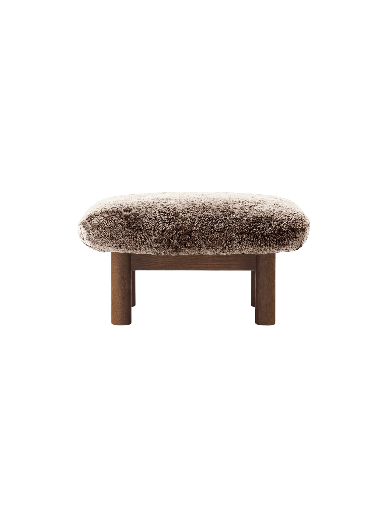 Ottoman in Sheepskin Cylindrical Legs, Versatile Use, 3 Wood Options