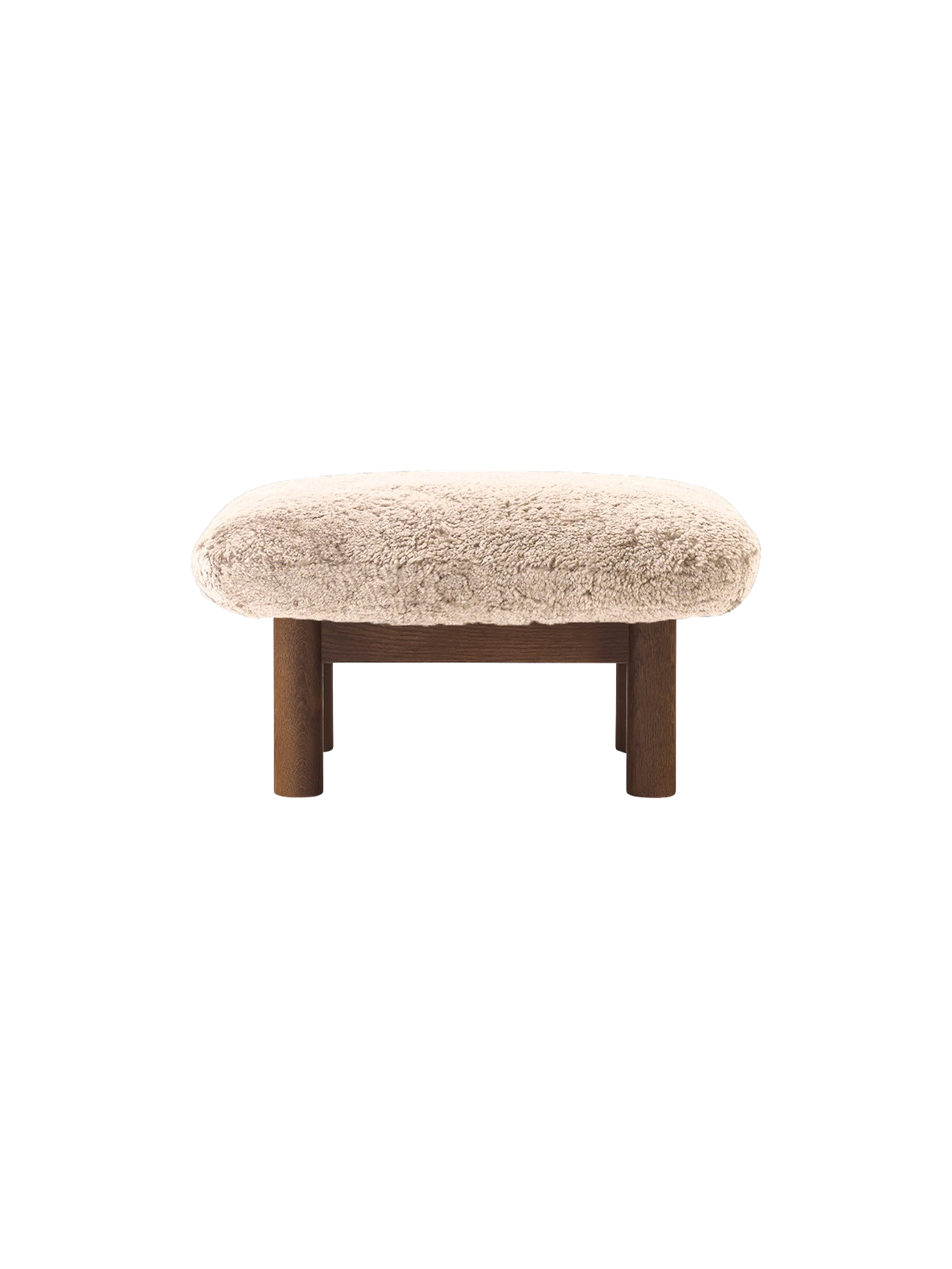 Ottoman in Sheepskin Cylindrical Legs, Versatile Use, 3 Wood Options