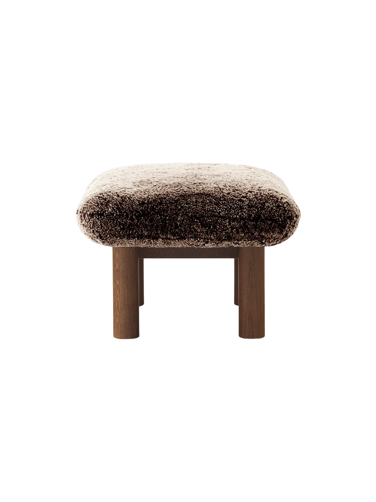 Ottoman in Sheepskin Cylindrical Legs, Versatile Use, 3 Wood Options
