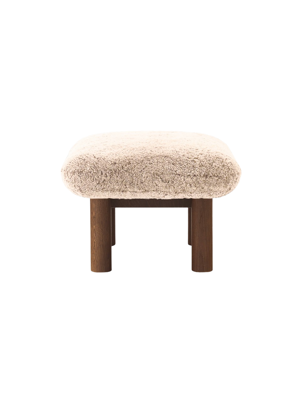 Ottoman in Sheepskin Cylindrical Legs, Versatile Use, 3 Wood Options