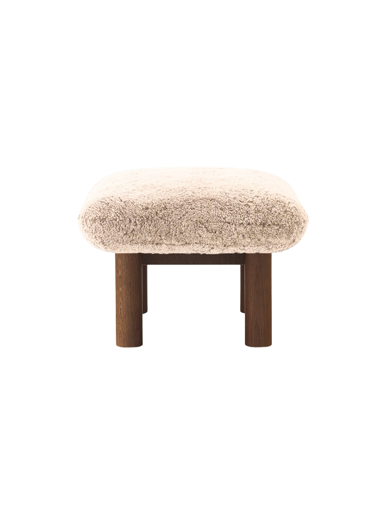 Ottoman in Sheepskin Cylindrical Legs, Versatile Use, 3 Wood Options
