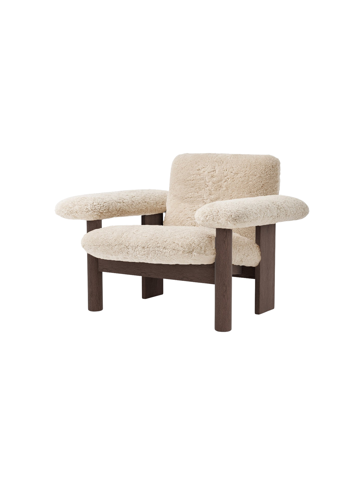 Low Back Lounge Chair in Sheepskin Solid Wood Frame, Exaggerated Armrests