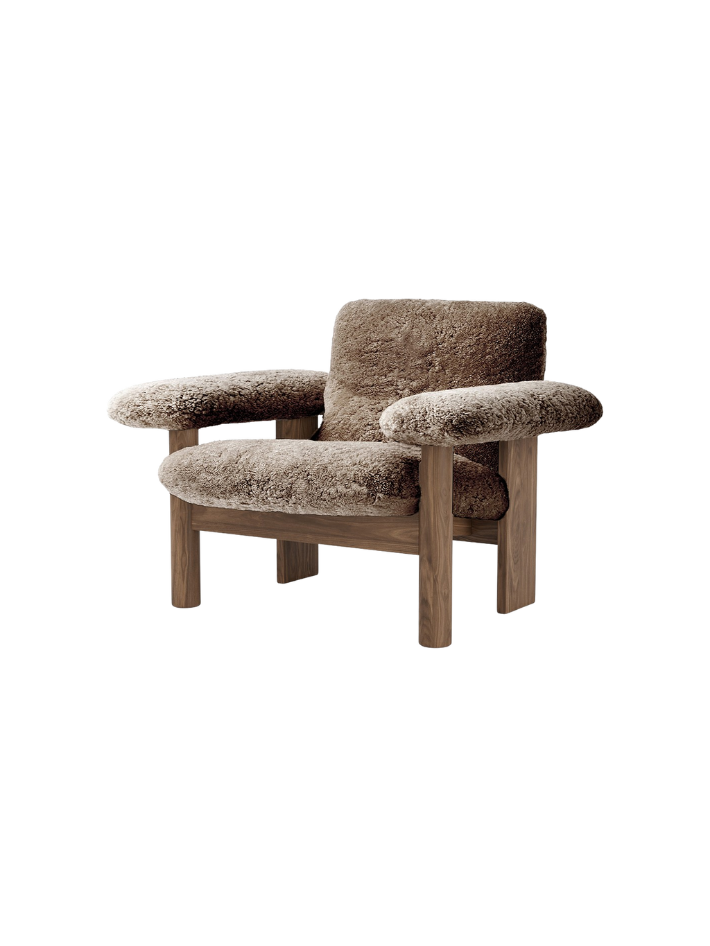 Low Back Lounge Chair in Sheepskin Solid Wood Frame, Exaggerated Armrests