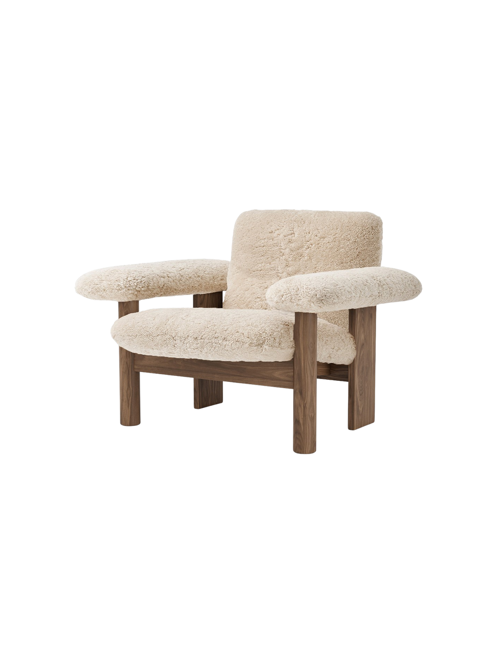 Low Back Lounge Chair in Sheepskin Solid Wood Frame, Exaggerated Armrests