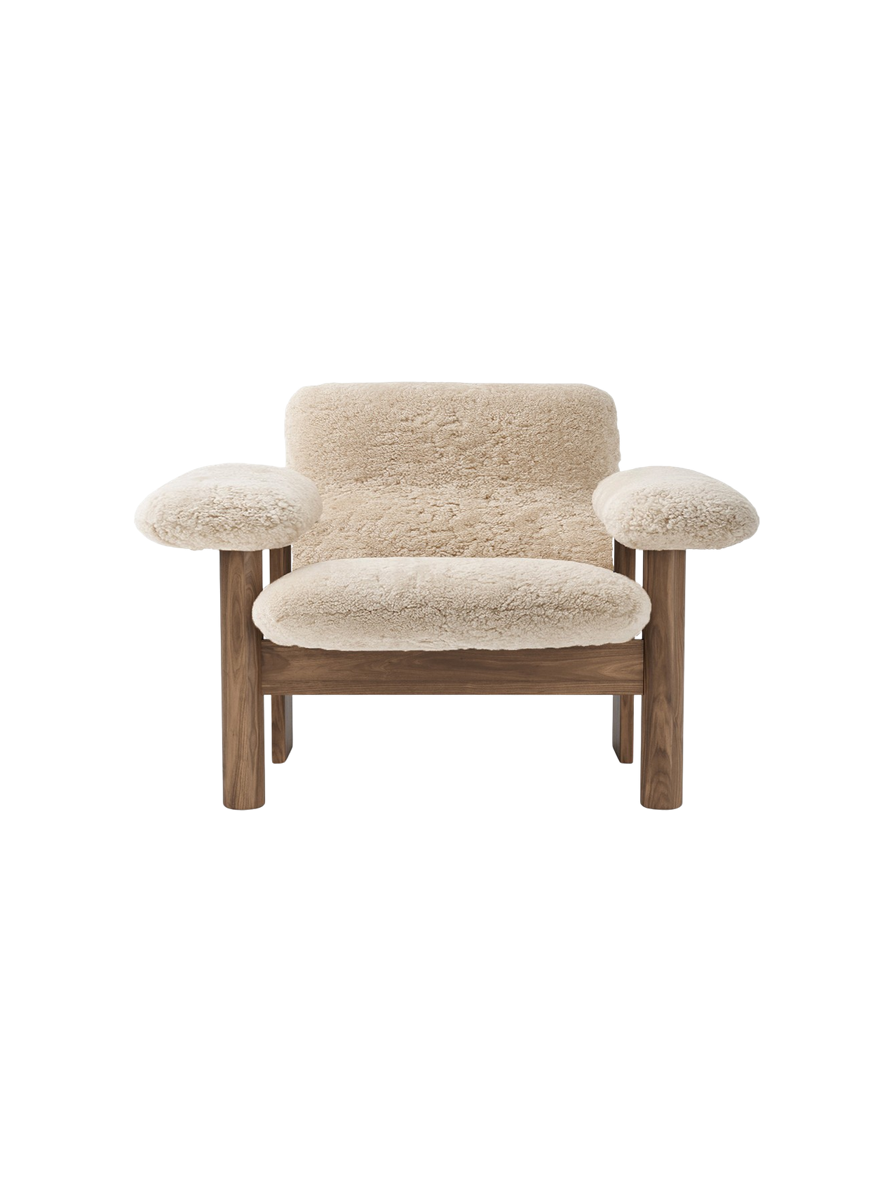 Low Back Lounge Chair in Sheepskin Solid Wood Frame, Exaggerated Armrests