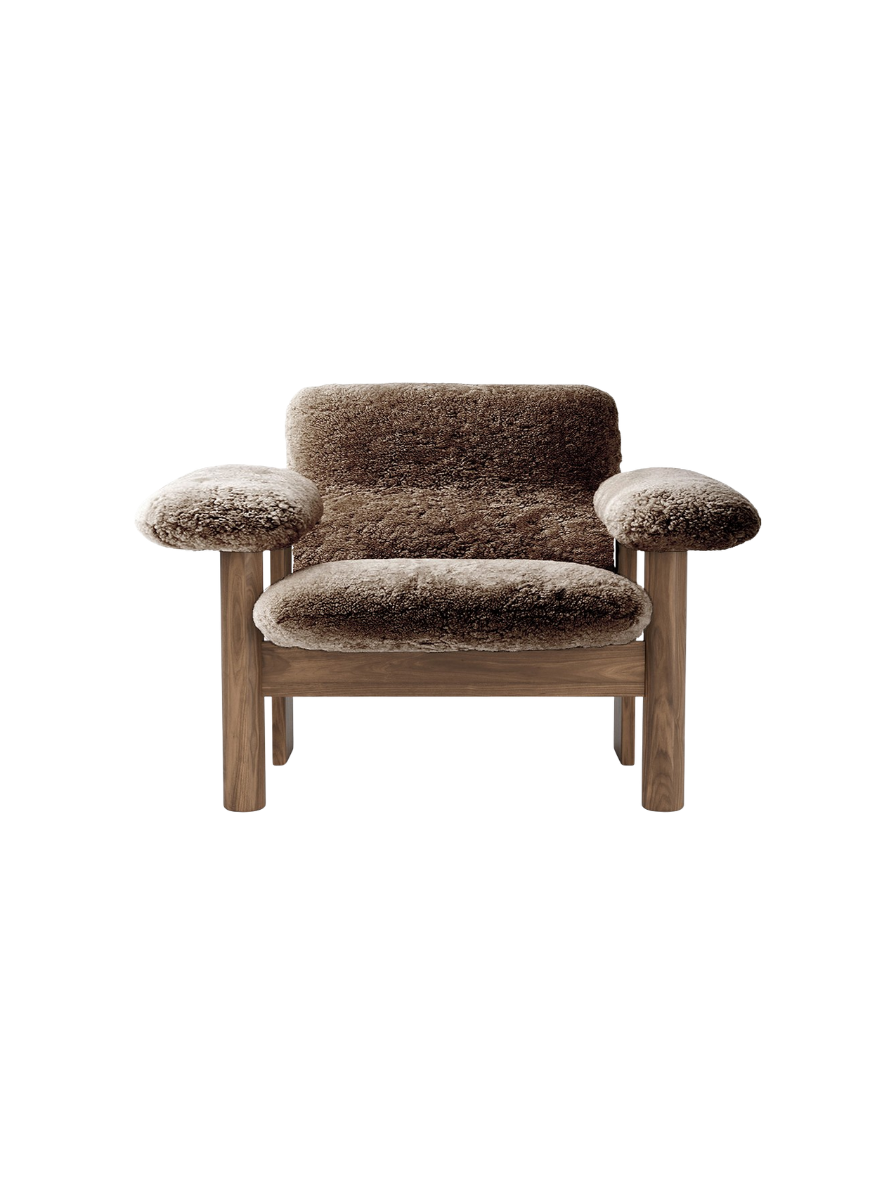 Low Back Lounge Chair in Sheepskin Solid Wood Frame, Exaggerated Armrests