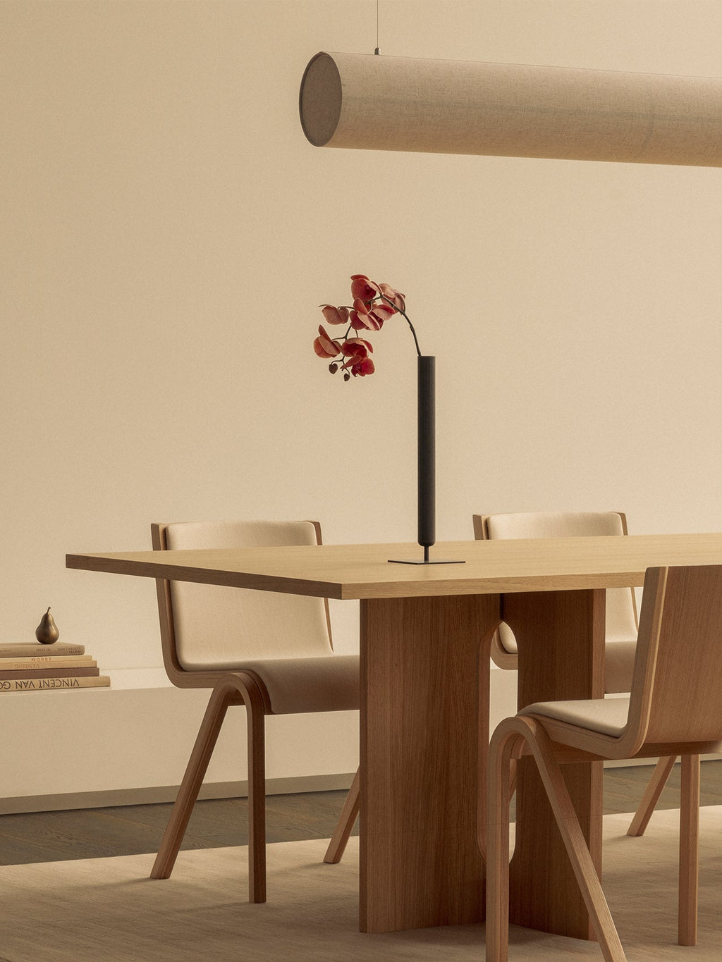 Cantilevered Dining Chair, Front Upholstered ¨C Oak Veneer, Stackable