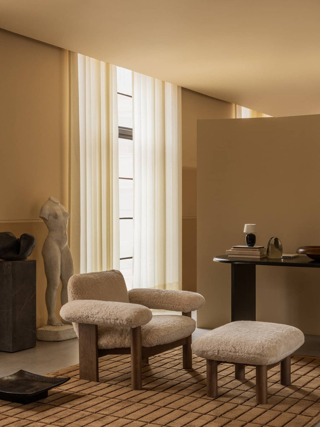 Low Back Lounge Chair in Sheepskin Solid Wood Frame, Exaggerated Armrests