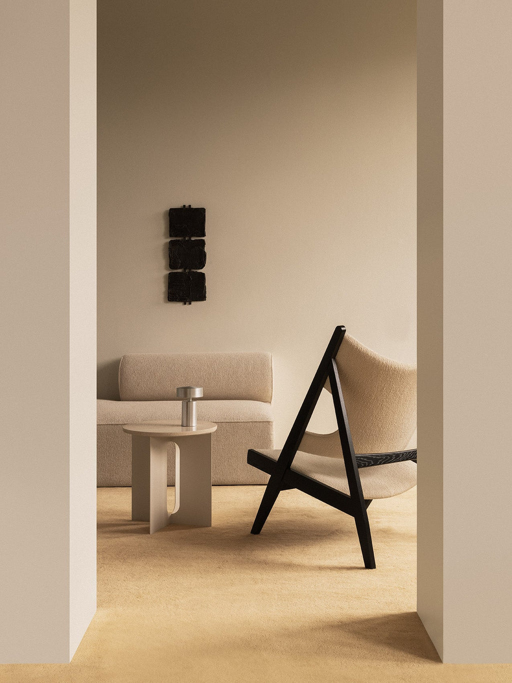 Lounge Chair in Black Oak Elbow Cut-Outs, Ivory Boucl
