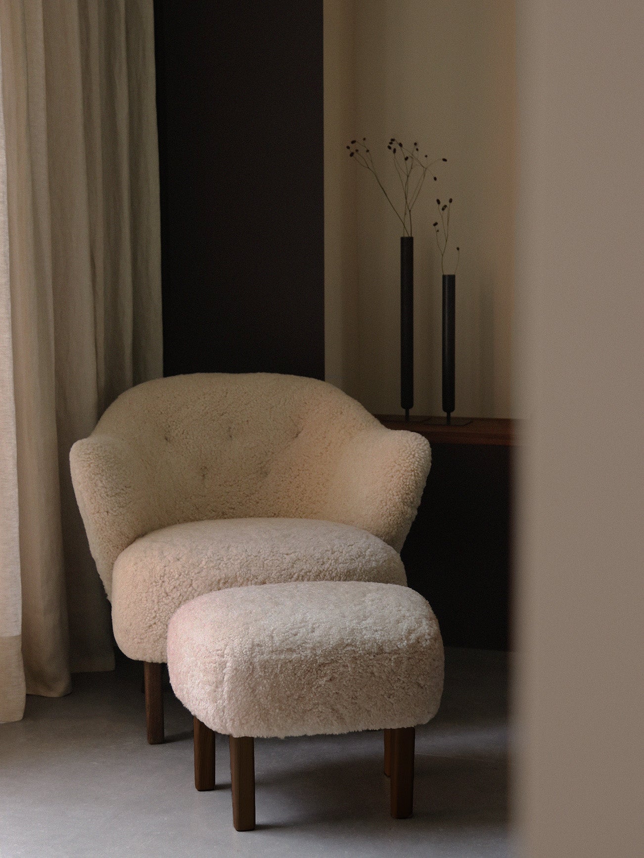 Compact Lounge Chair in Sheepskin Sculptural Armrests