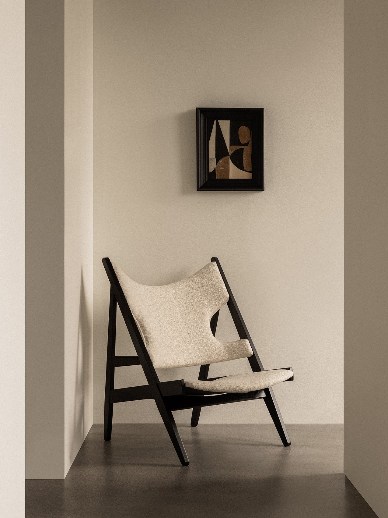 Lounge Chair in Black Oak Elbow Cut-Outs, Ivory Boucl