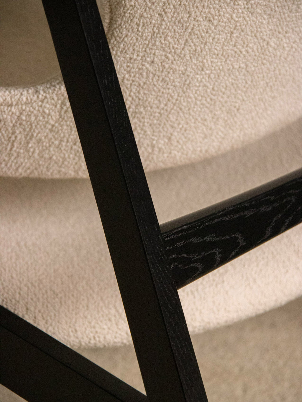 Lounge Chair in Black Oak Elbow Cut-Outs, Ivory Boucl