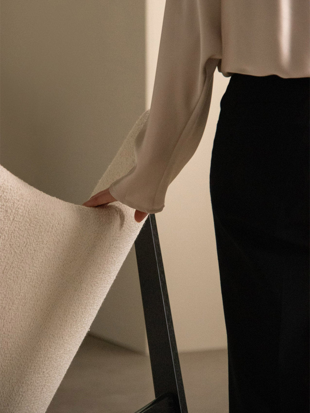Lounge Chair in Black Oak Elbow Cut-Outs, Ivory Boucl