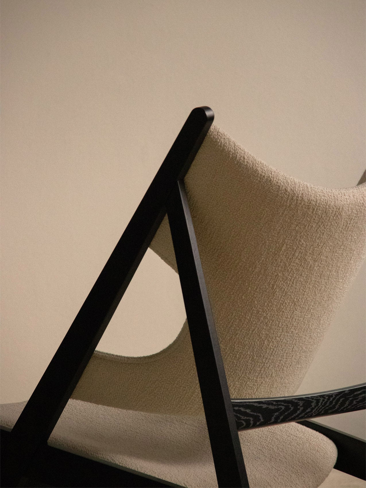 Lounge Chair in Black Oak Elbow Cut-Outs, Ivory Boucl