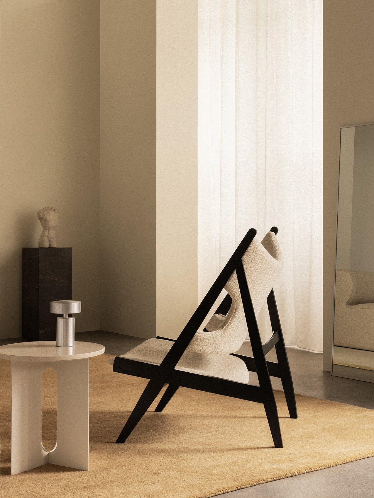 Lounge Chair in Black Oak Elbow Cut-Outs, Ivory Boucl