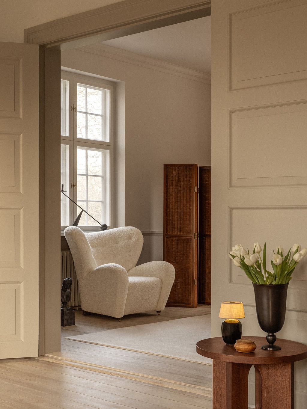 Lounge Chair in Textile Curved Armchair, Oak Legs, Brass Casters