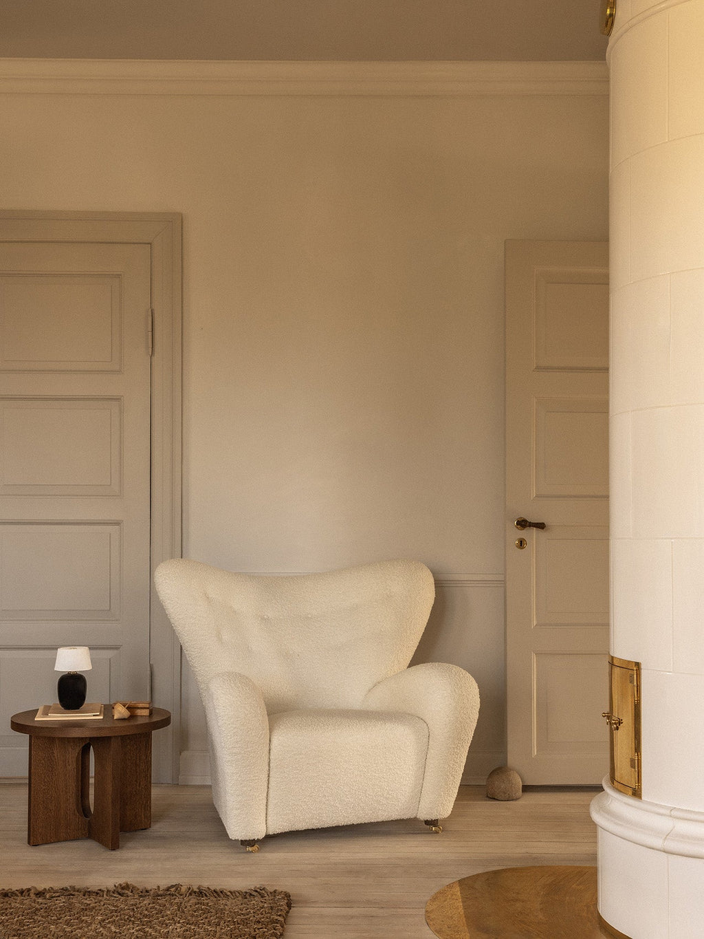Lounge Chair in Textile Curved Armchair, Oak Legs, Brass Casters