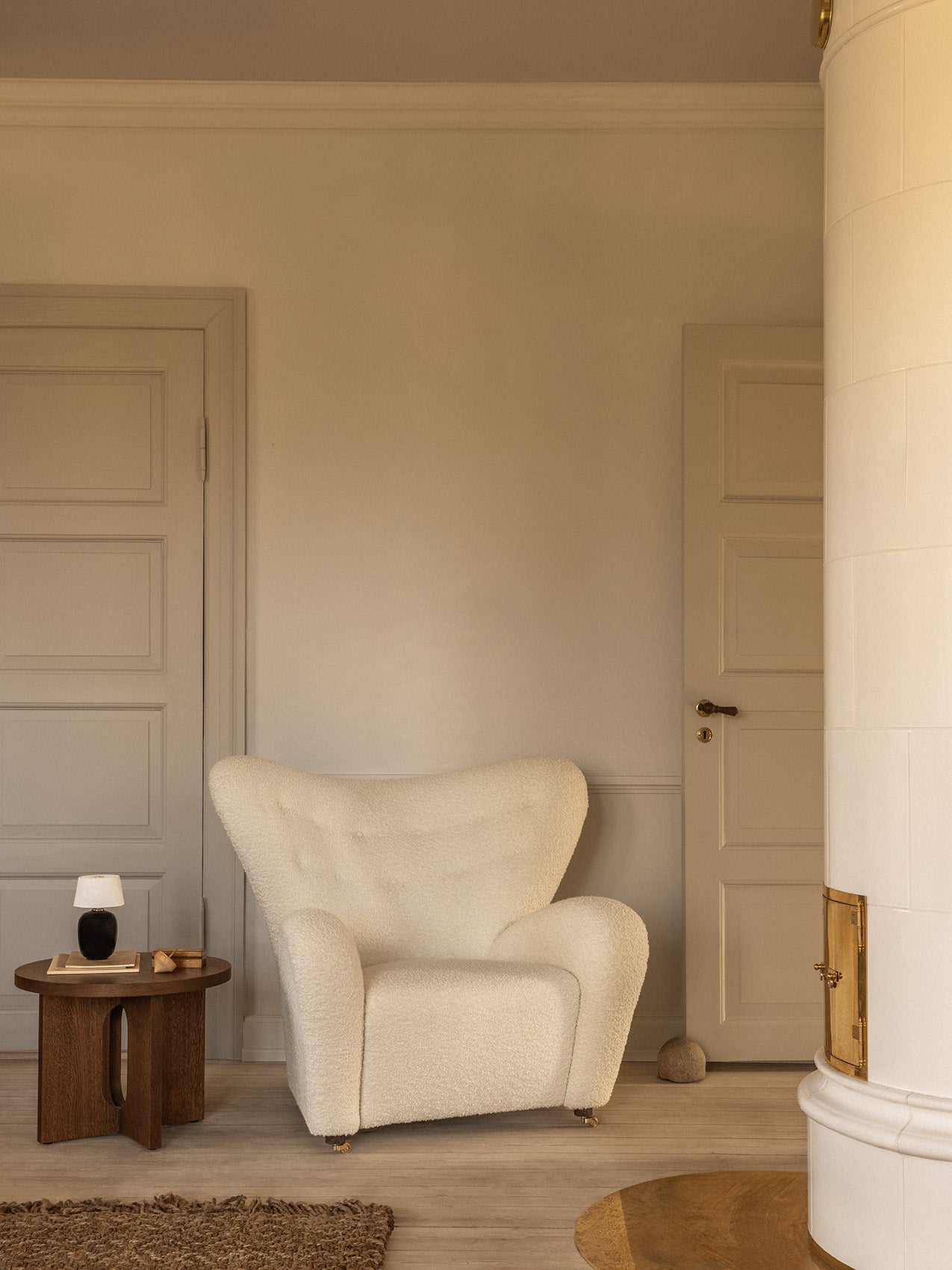 Lounge Chair in Textile Curved Armchair, Oak Legs, Brass Casters