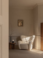 Lounge Chair in Textile Curved Armchair, Oak Legs, Brass Casters