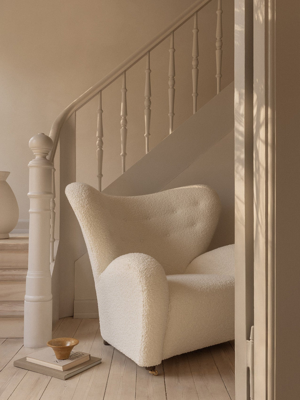 Lounge Chair in Textile Curved Armchair, Oak Legs, Brass Casters