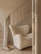 Lounge Chair in Textile Curved Armchair, Oak Legs, Brass Casters