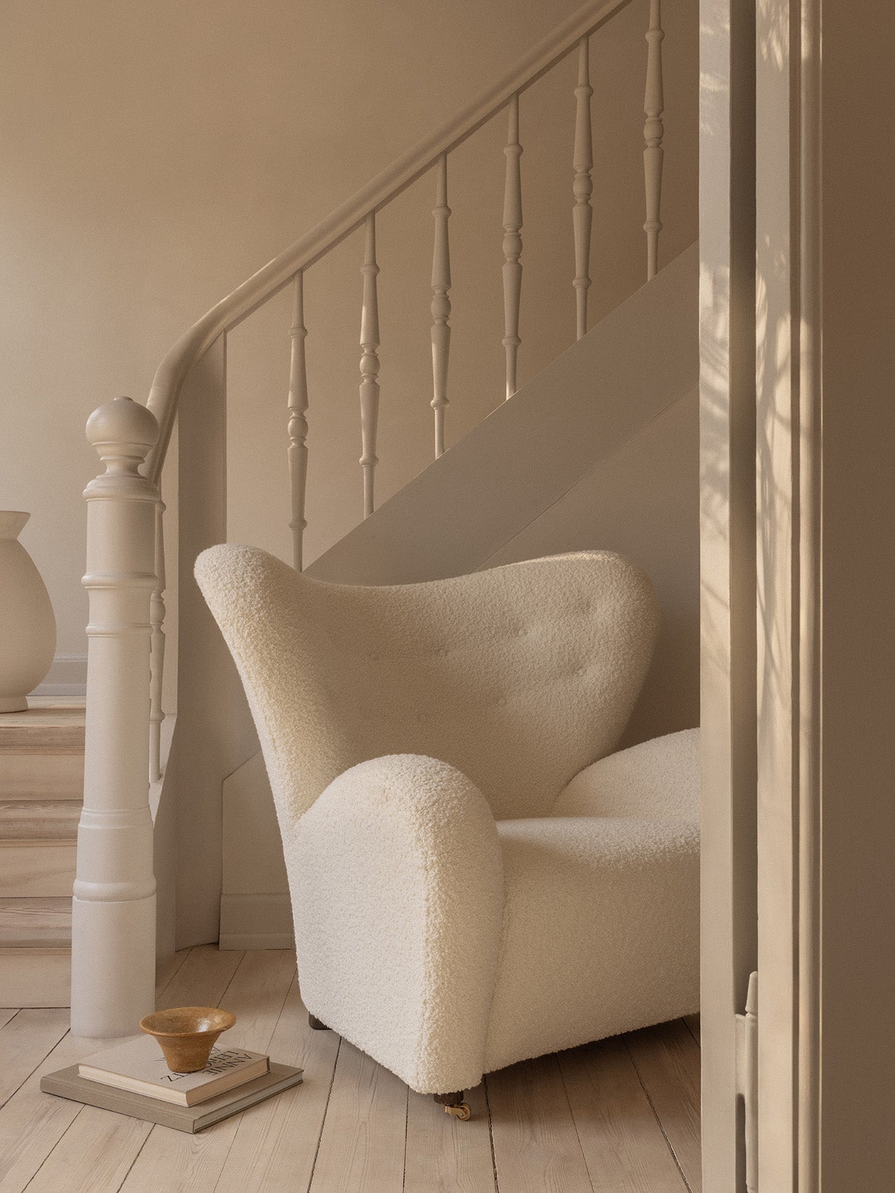Lounge Chair in Textile Curved Armchair, Oak Legs, Brass Casters