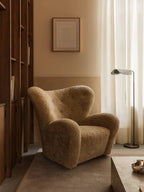 Lounge Chair in Sheepskin Curved Armchair, Oak Legs, Brass Casters