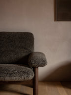 High Back Lounge Chair in Sheepskin Solid Wood Frame, Exaggerated Armrests