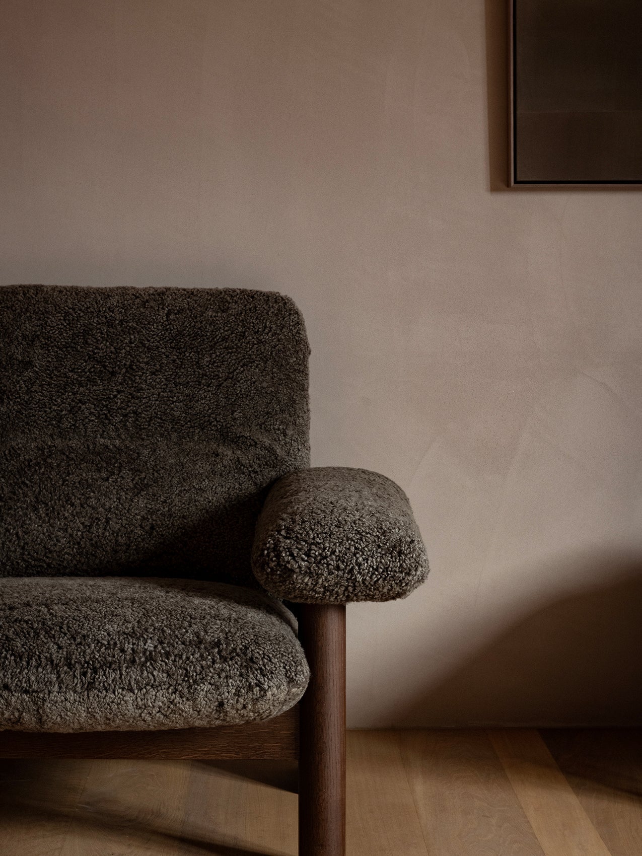 High Back Lounge Chair in Sheepskin Solid Wood Frame, Exaggerated Armrests