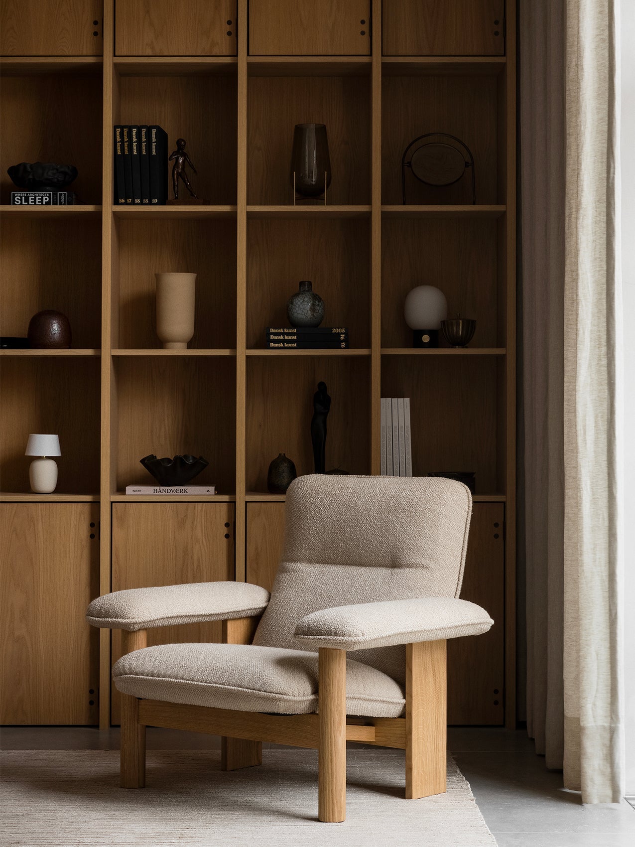 High Back Lounge Chair in Textile Solid Wood Frame, Exaggerated Armrests