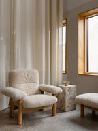 High Back Lounge Chair in Sheepskin Solid Wood Frame, Exaggerated Armrests