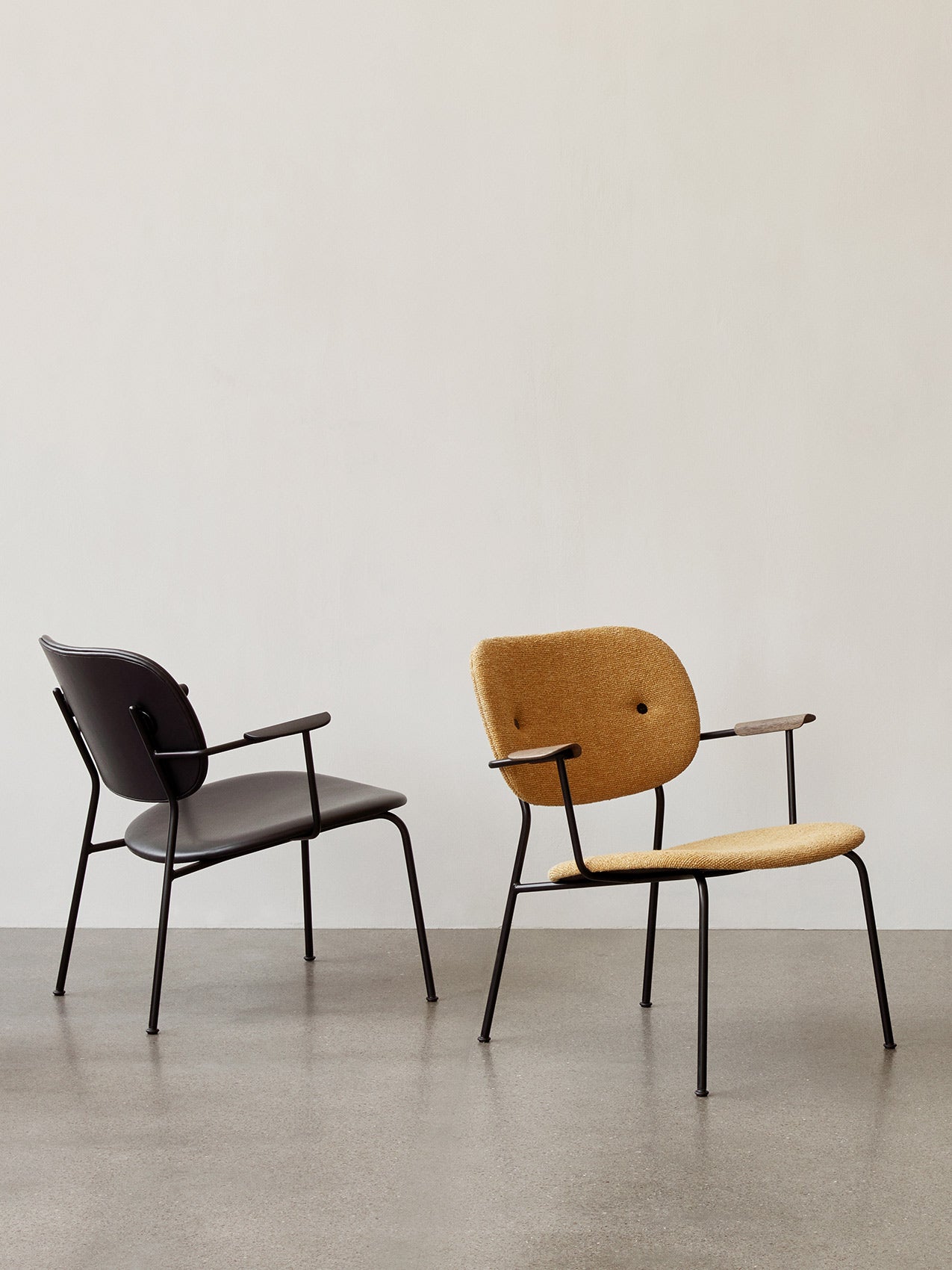 Fully Upholstered Lounge Chair Curved Armrests, Powder-Coated Steel Base