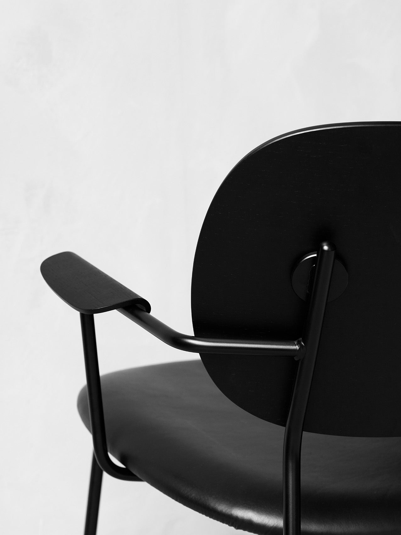 Lounge Chair, Upholstered Seat Veneer Back, Curved Armrests, Steel Frame
