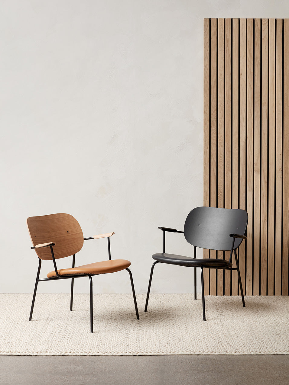 Lounge Chair, Upholstered Seat Veneer Back, Curved Armrests, Steel Frame