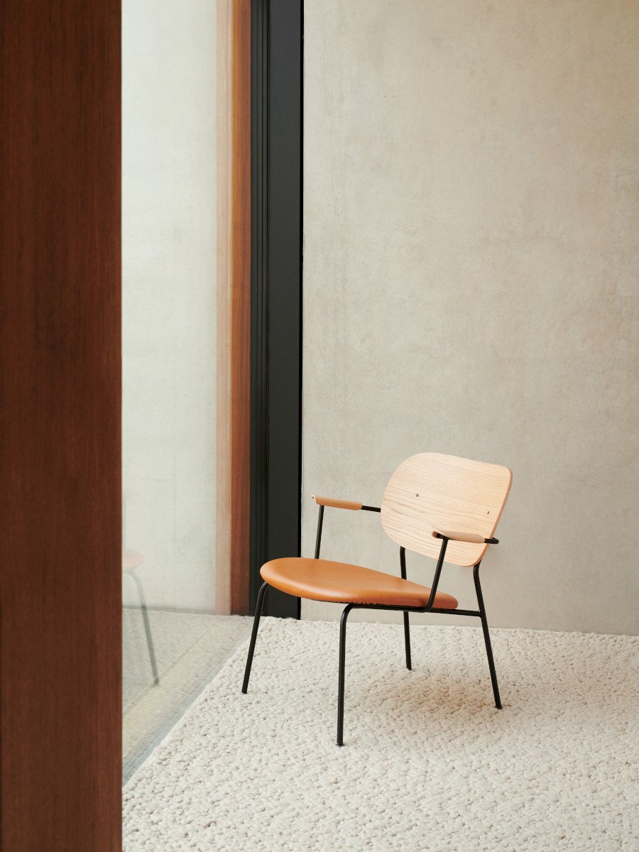 Lounge Chair, Upholstered Seat Veneer Back, Curved Armrests, Steel Frame