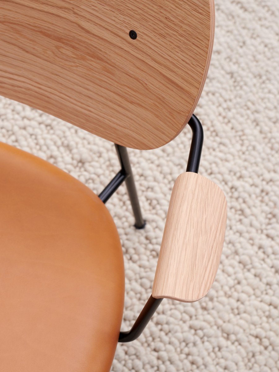 Lounge Chair, Upholstered Seat Veneer Back, Curved Armrests, Steel Frame